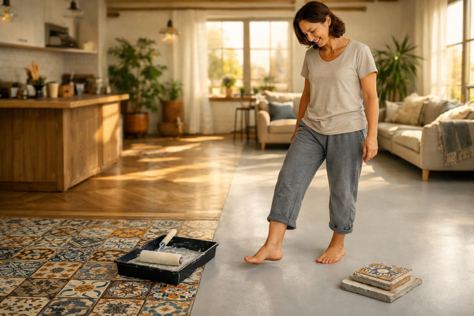Mulher descalça a testar tinta cinzenta numa zona de chão com azulejos, num espaço iluminado e acolhedor.