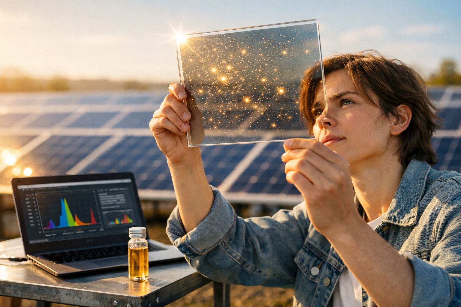 Mulher a analisar célula solar transparente com painéis solares ao fundo e laptop com gráficos na mesa.