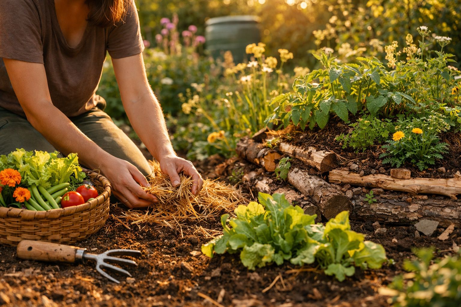 Pessoa a fazer jardinagem num canteiro com legumes e flores, ao pôr do sol.