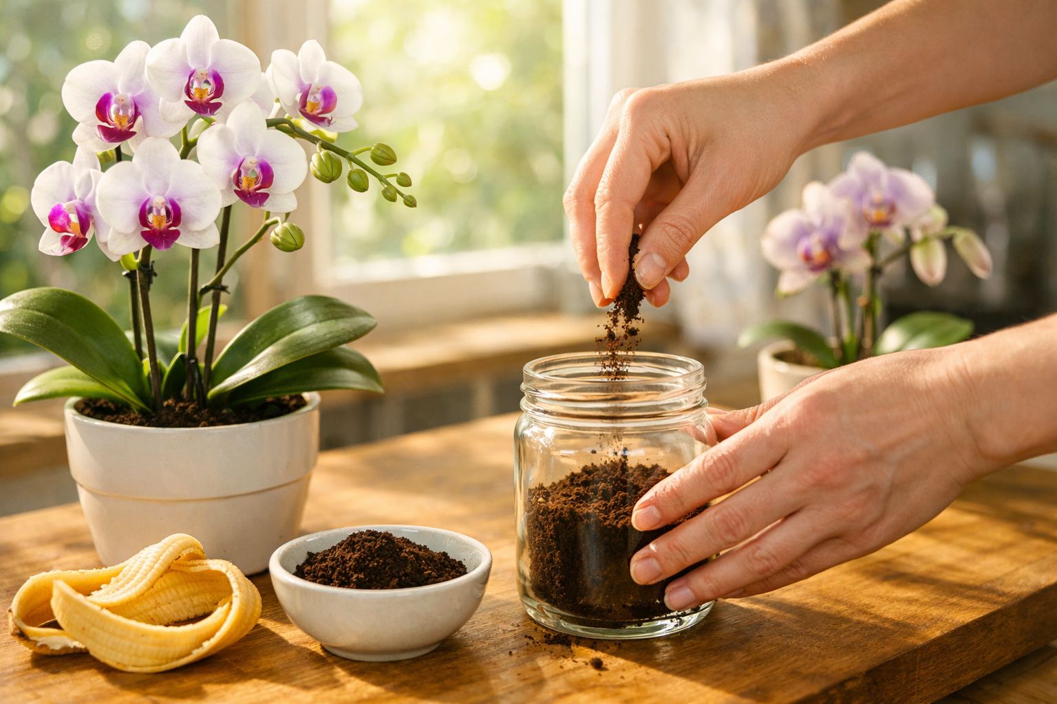 Mãos a colocar borra de café num frasco, perto de vasos com orquídeas e cascas de banana.
