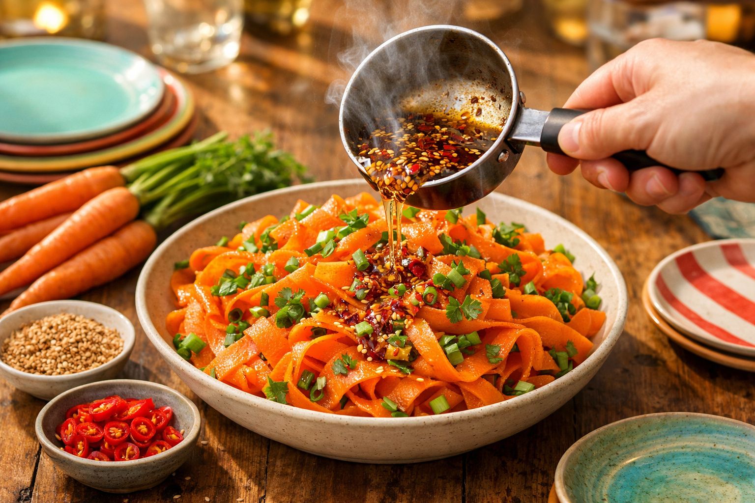 Mãos a verte molho picante quente sobre salada de cenoura cortada em tiras com ervas frescas numa taça.