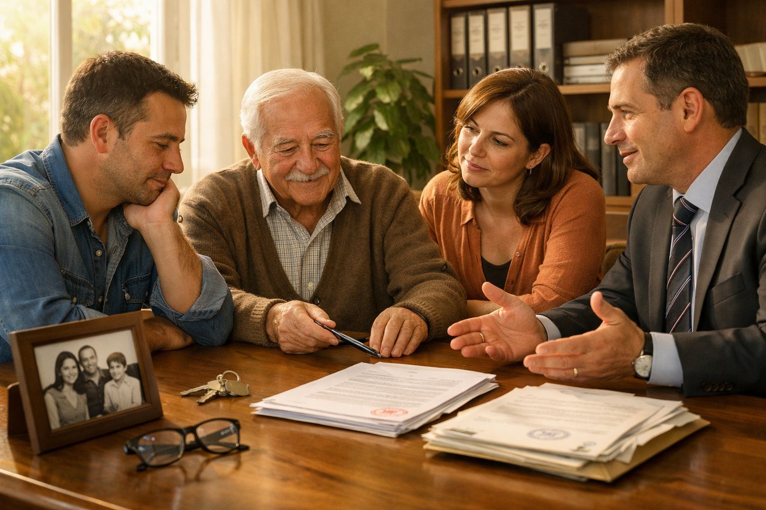 Quatro adultos reunidos numa mesa discutem documentos legais, com uma fotografia de família e óculos à frente.