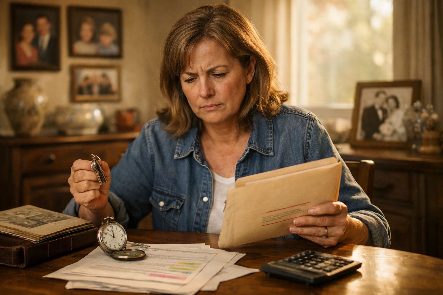 Mulher sentada a ler documentos, segurando chaves e com uma calculadora à sua frente numa mesa de madeira.