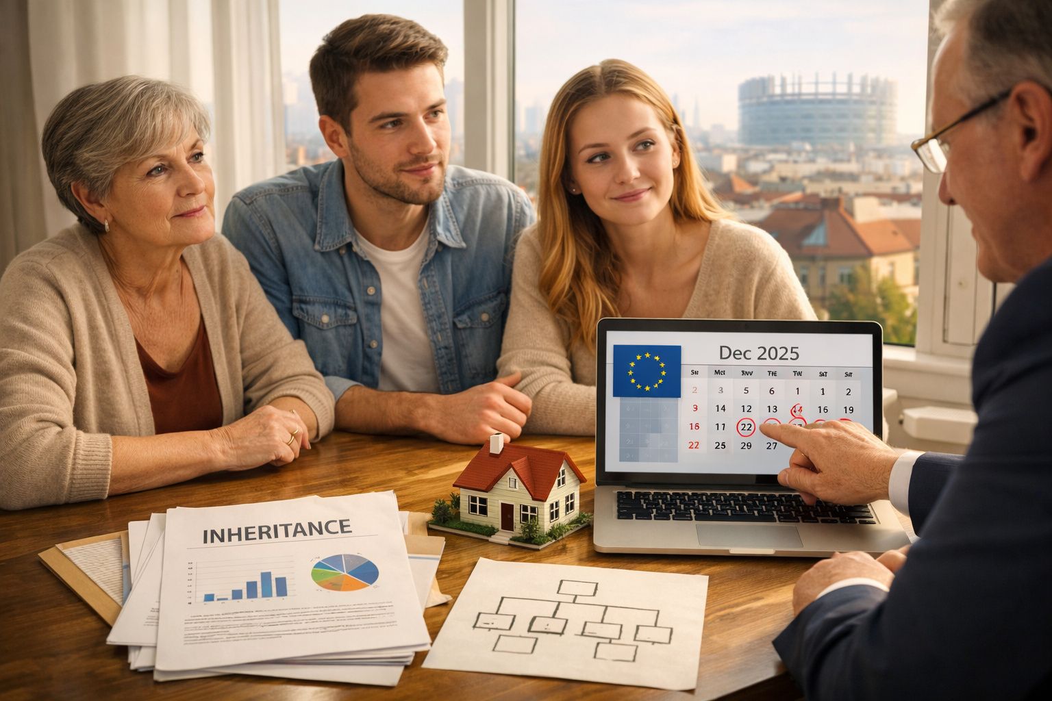 Três pessoas discutem herança com advogado, com documentos e calendário de dezembro de 2025 visíveis numa mesa.