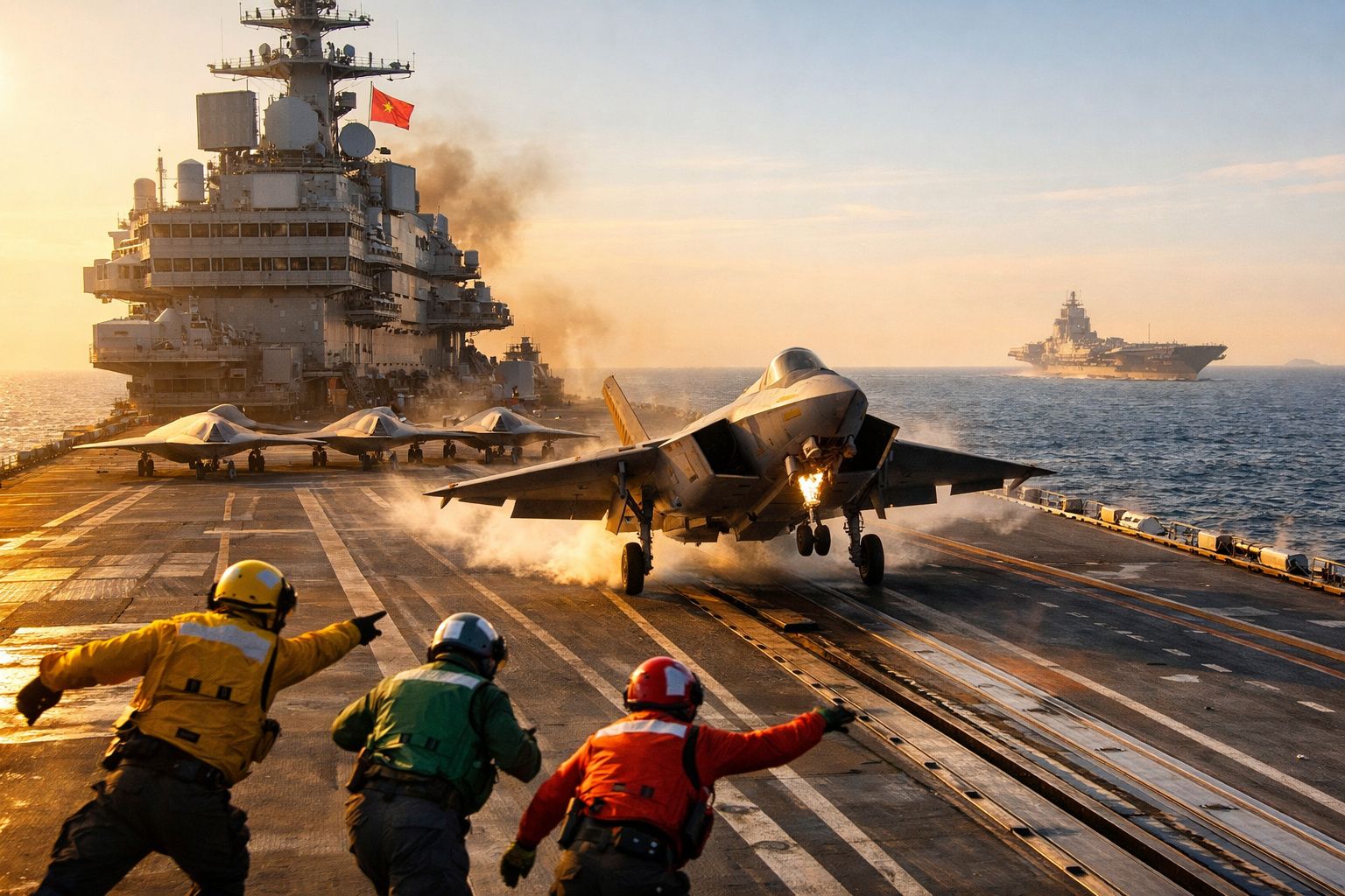 Jato militar a descolar de um porta-aviões com tripulação a sinalizar na pista ao pôr do sol.