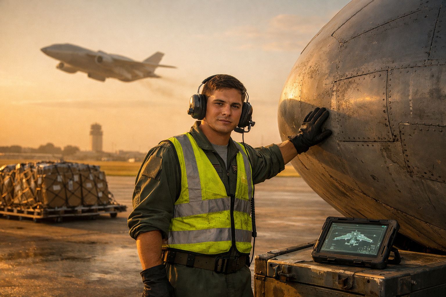 Homem com colete de segurança e auscultadores, ao lado de avião, com outro avião a descolar ao fundo ao pôr do sol.