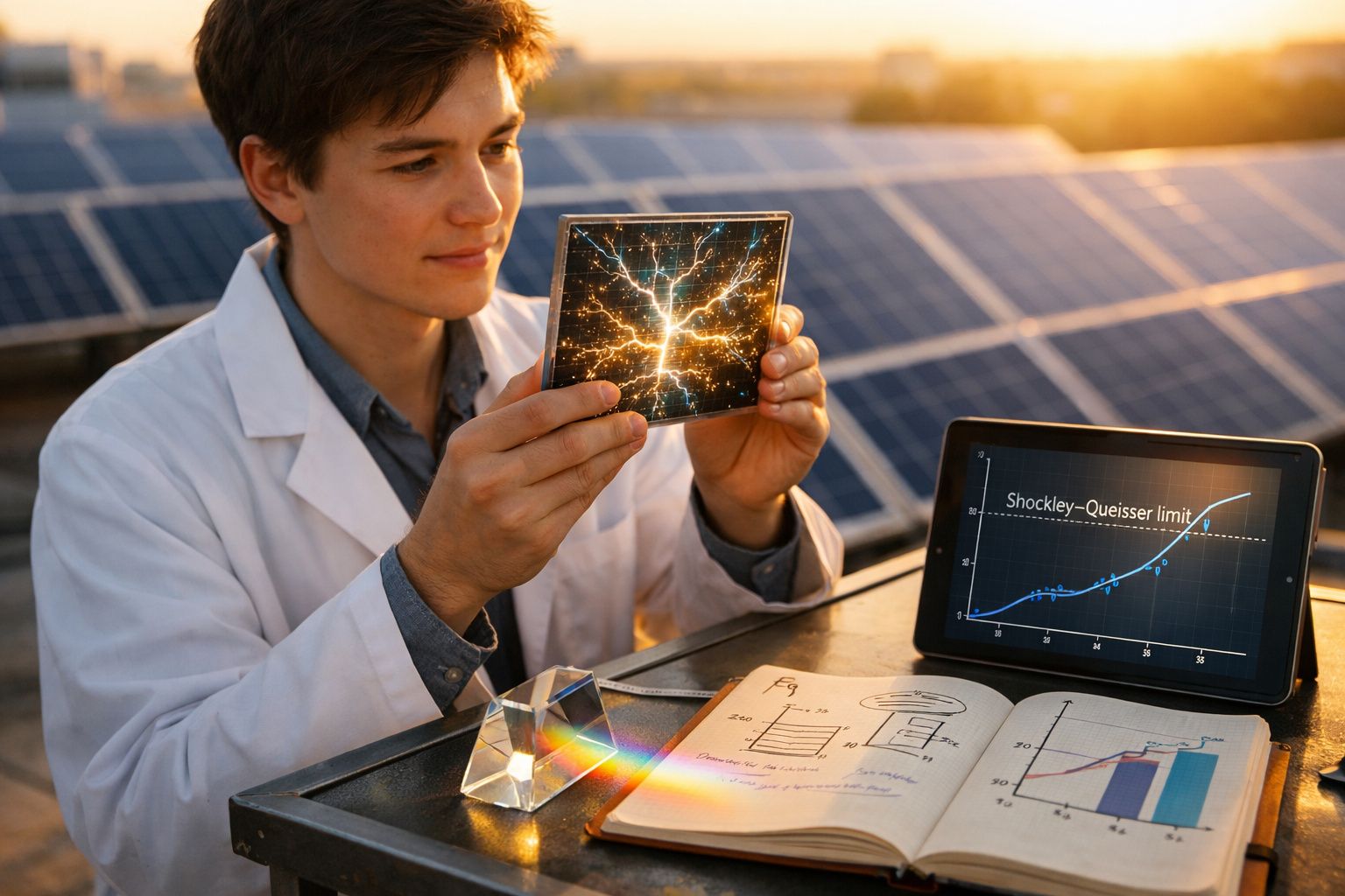 Cientista analisa célula solar experimental junto a painel solar e gráficos de pesquisa ao pôr do sol.