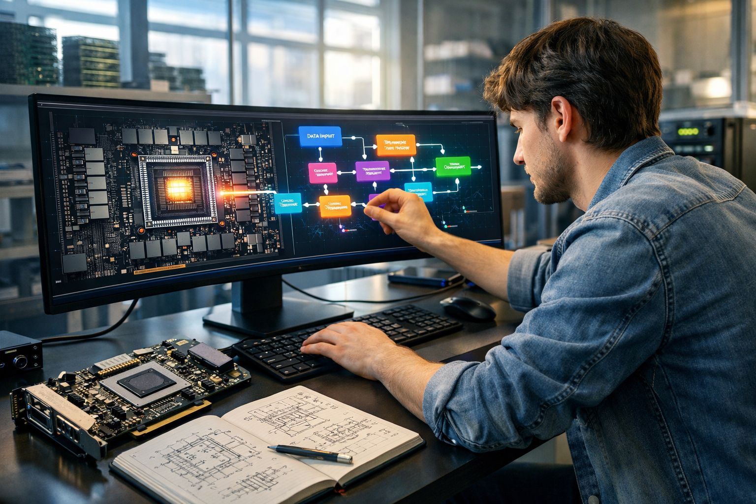 Homem a trabalhar num fluxograma digital na frente de um ecrã ultrawide com componentes eletrónicos na mesa.
