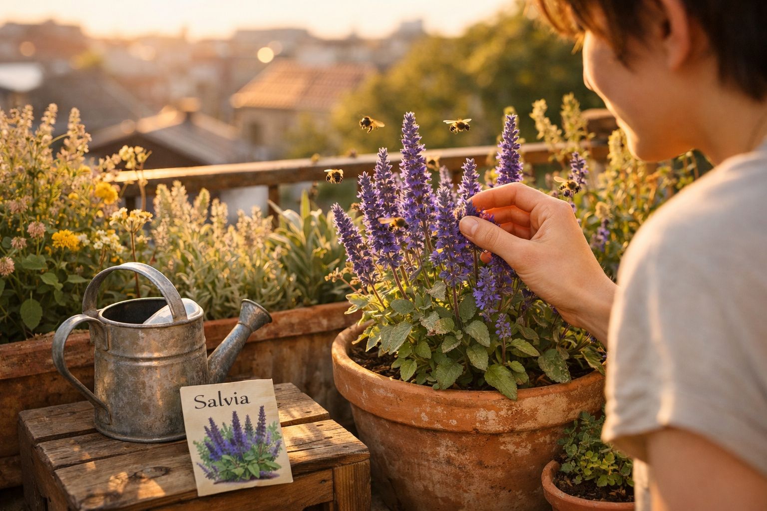 Pessoa a cuidar de planta de sálvia violeta num vaso com abelhas a voar ao redor ao entardecer.