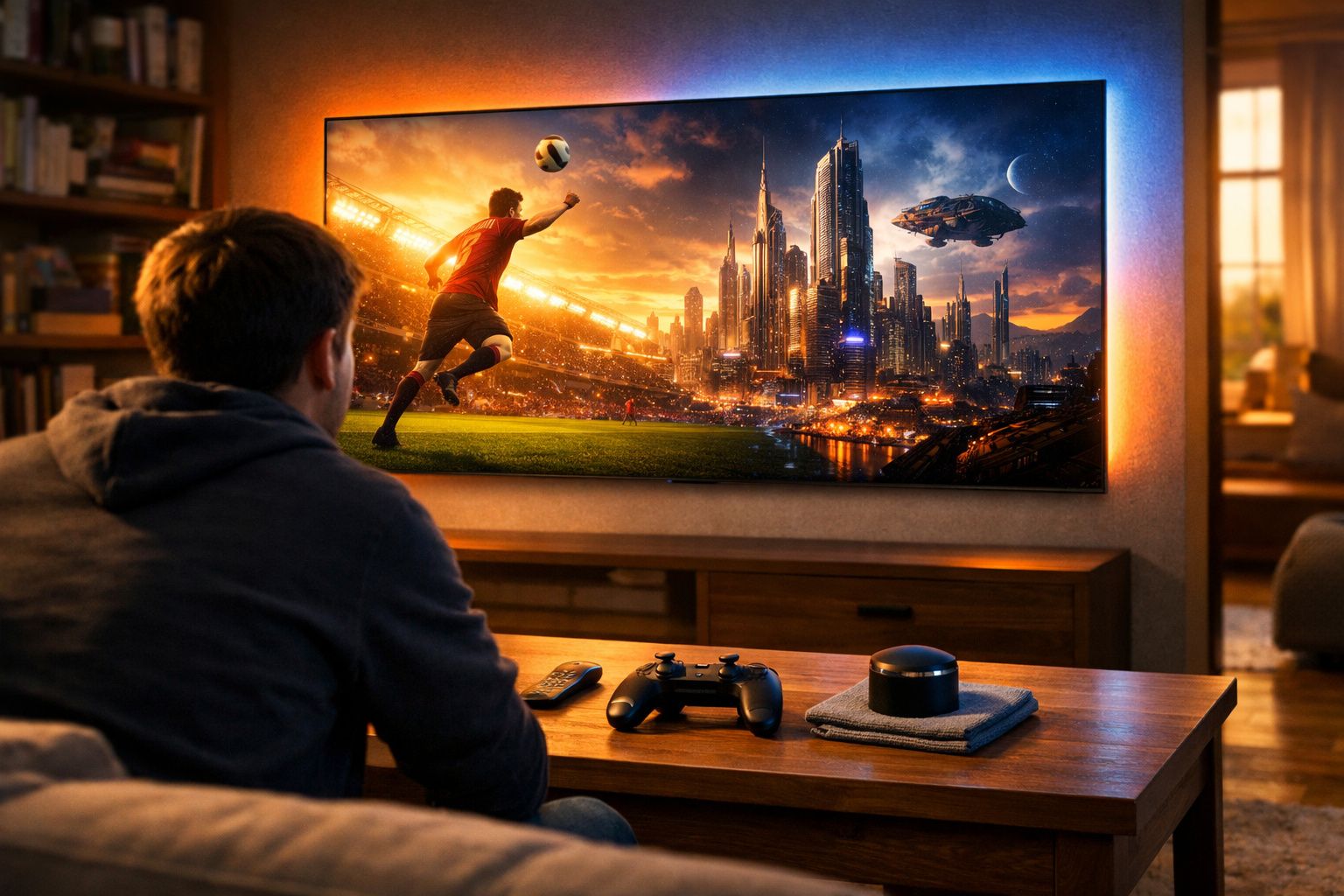 Pessoa sentada a jogar videojogos com cenário futurista e jogador de futebol num ecrã grande.