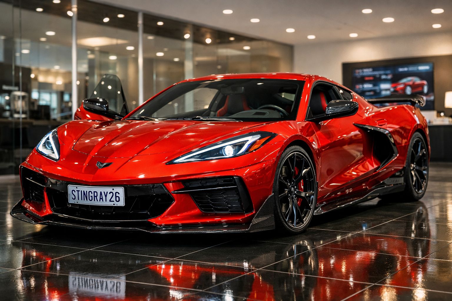 Carro desportivo vermelho Chevrolet Corvette Stingray estacionado em piso refletor num showroom.