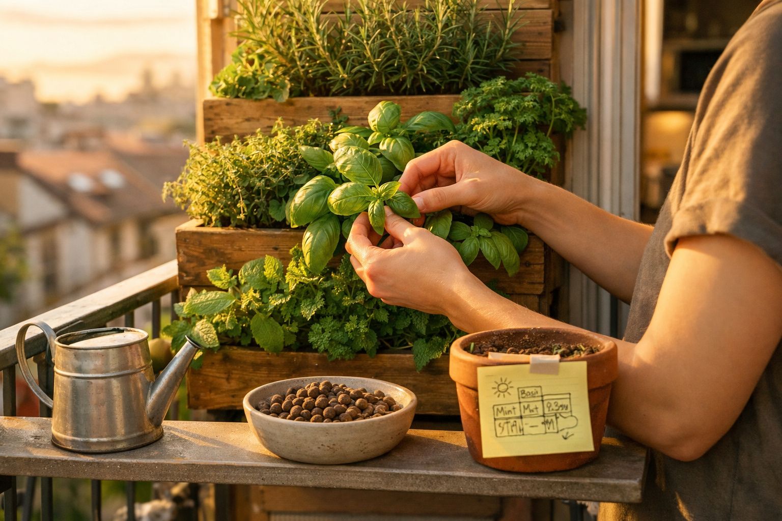 Pessoa a cuidar de plantas aromáticas num jardim vertical de madeira numa varanda ao pôr do sol.