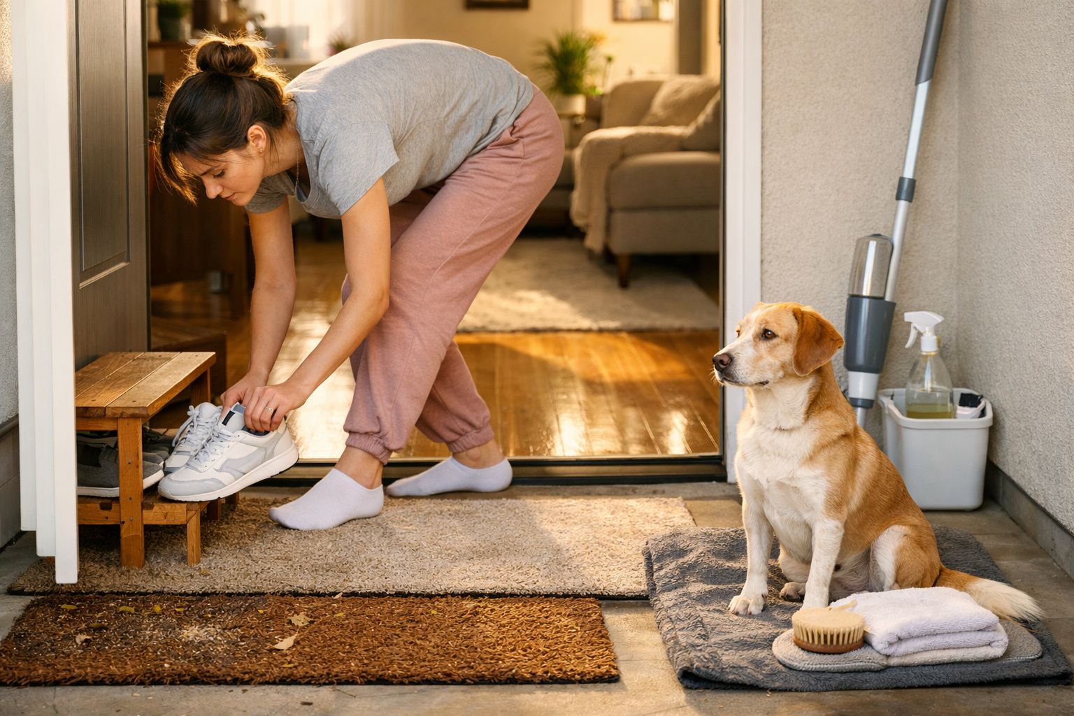 Mulher amarrando ténis na entrada de casa com cão sentado ao lado em cama para cães.