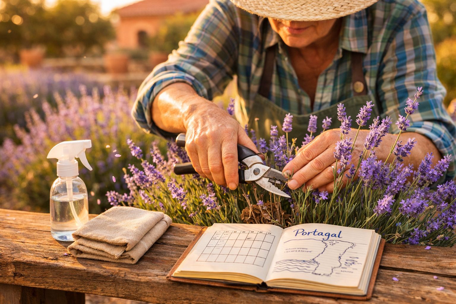 Pessoa a podar flores de lavanda com tesoura, ao lado de livro aberto com desenho de Portugal e borrifador.