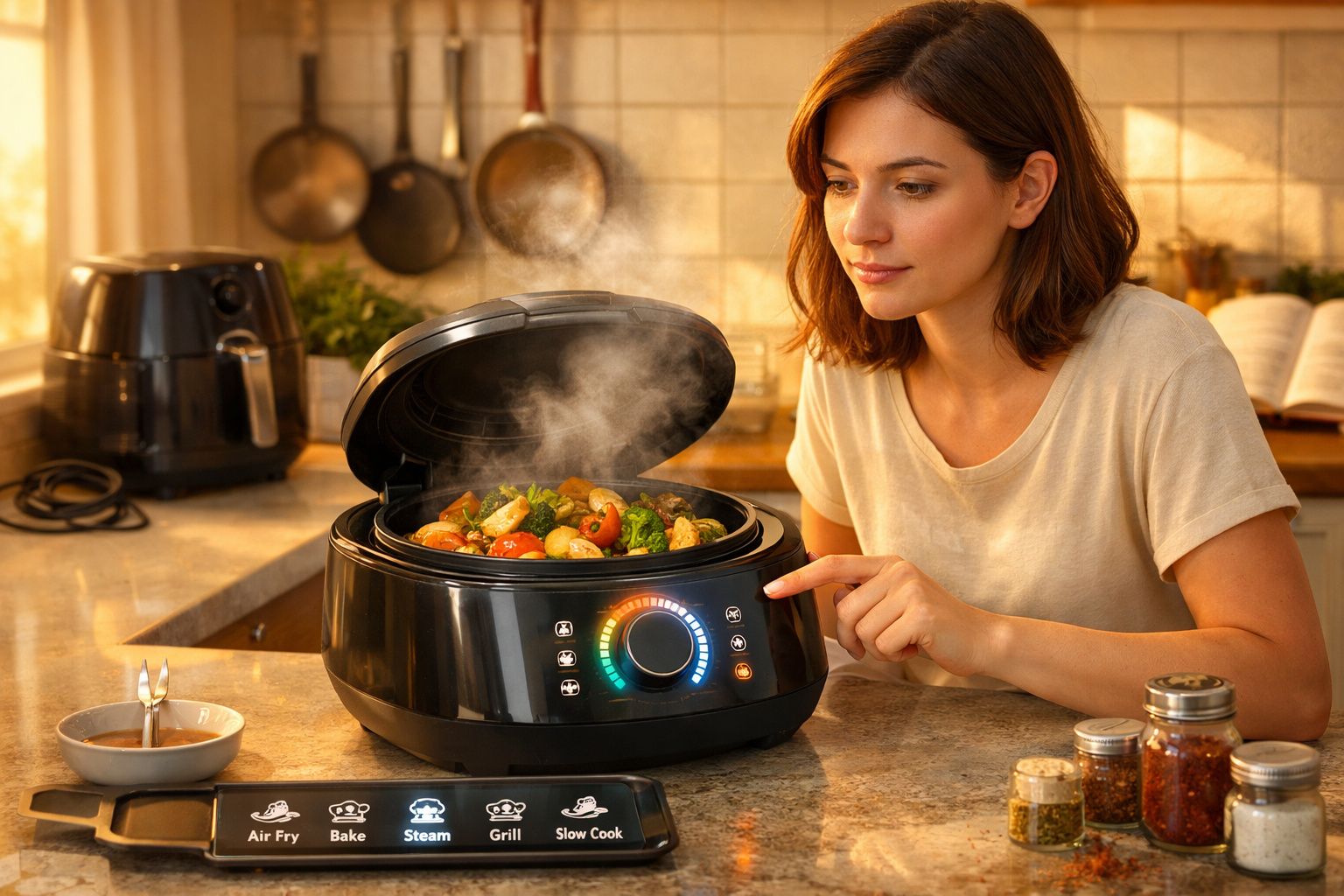 Mulher a cozinhar legumes num robot de cozinha num balcão de cozinha iluminado.