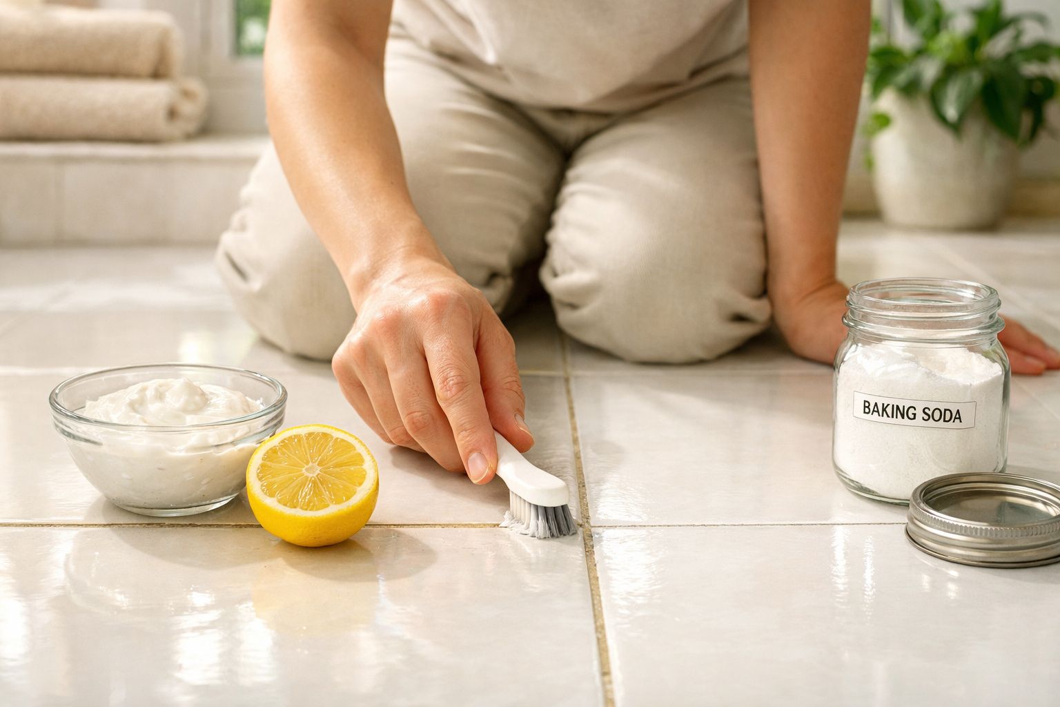 Pessoa a limpar juntas de azulejos com escova, limão, bicarbonato de sódio e pasta branca.