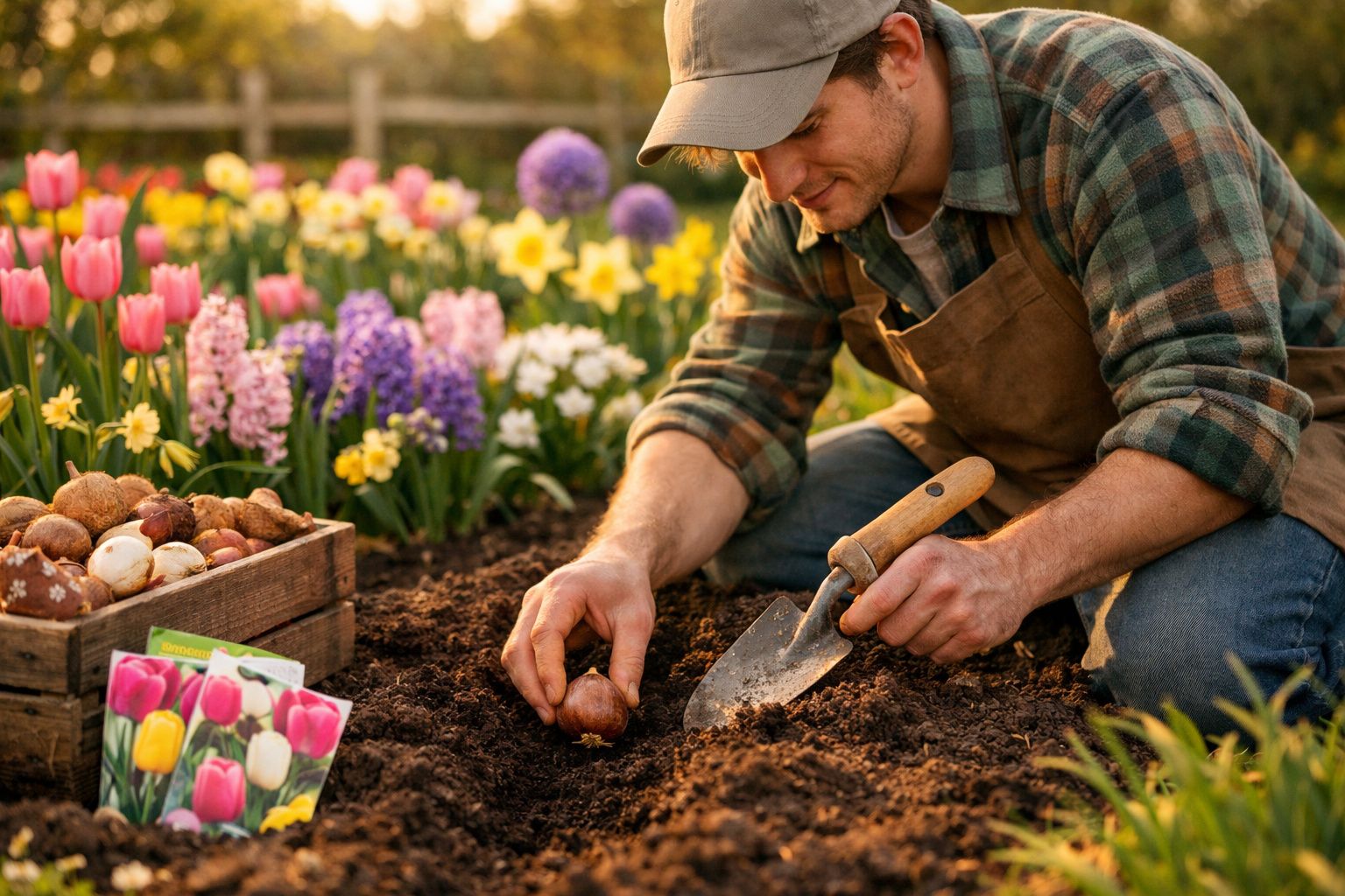 Homem a plantar um bulbo numa horta com flores coloridas e sementes à sua frente.