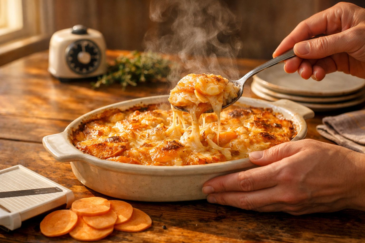 Mãos a servir uma caçarola quente de batata-doce gratinada com queijo derretido e fumegante, sobre mesa de madeira.