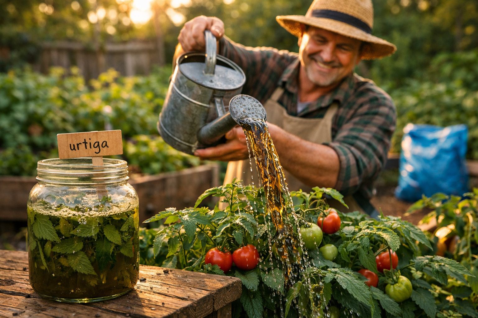 Homem com chapéu a regar tomateiras num jardim, com frasco de urtiga fermentada na bancada.
