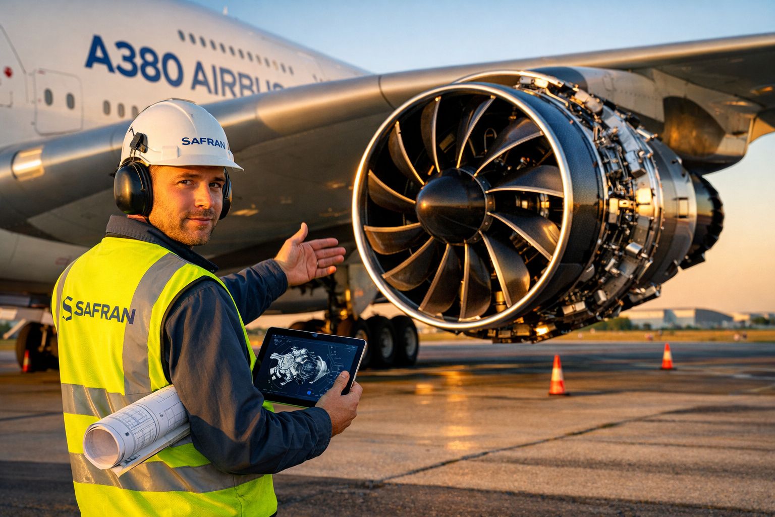 Engenheiro da Safran inspeciona motor de avião Airbus A380 ao ar livre ao pôr do sol.