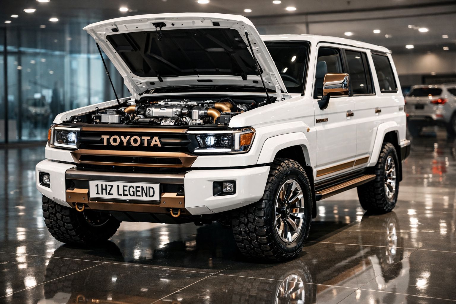 Carro Toyota 1HZ Legend branco com capô aberto e motor visível, em interior com chão refletor.