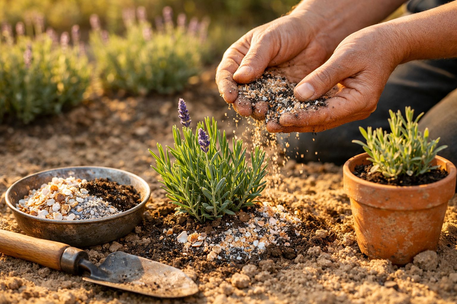 Mãos a espalhar composto ao redor de planta de lavanda no solo, com vaso e tigela de composto ao lado.