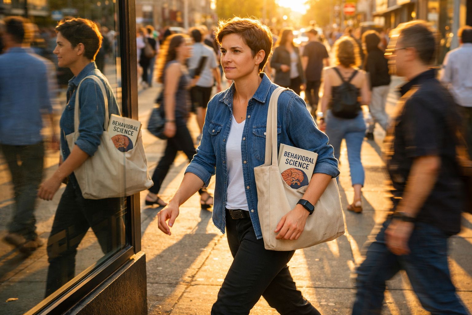 Mulher com camiseta branca e camisa jeans caminha numa rua movimentada com sacola contendo livro "Behavioral Science".