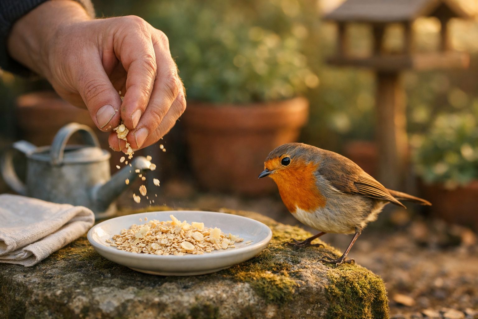 Mão a colocar sementes num prato para alimentar um papo-ruivo num ambiente exterior com plantas desfocadas.