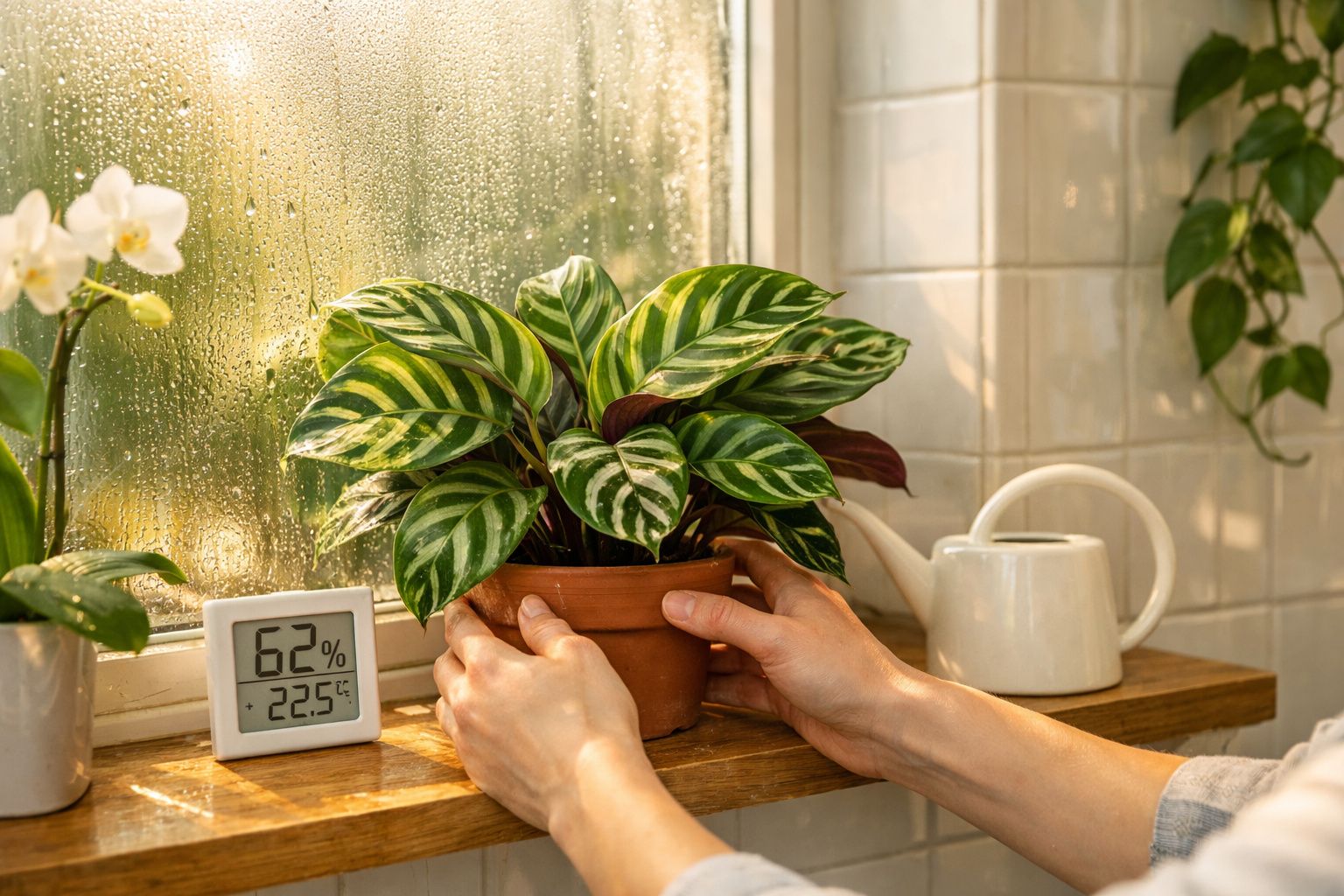 Mãos a cuidar de planta em vaso num parapeito com regador, orquídea, higrómetro e janela com gotas de água.