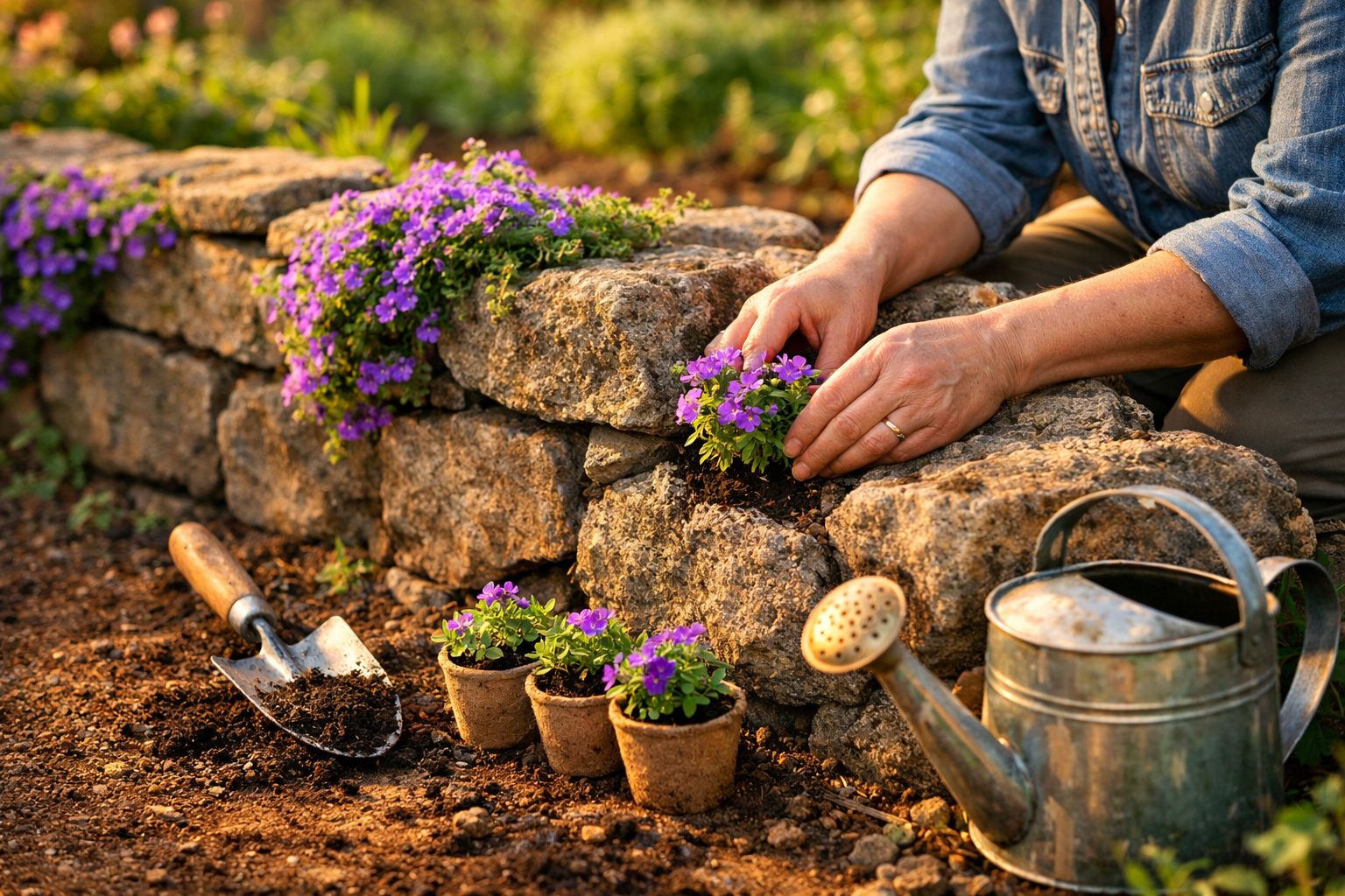 Pessoa a plantar flores roxas num canteiro de pedra, com regador e enxada ao lado, num jardim.