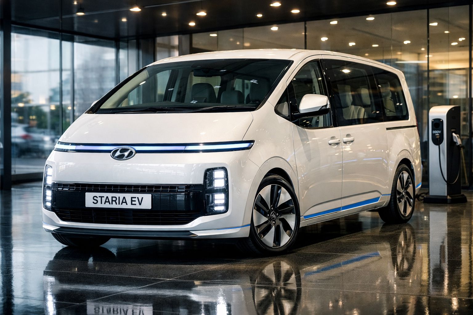 Veículo elétrico Hyundai Staria EV branco estacionado em interior moderno junto a posto de carregamento.