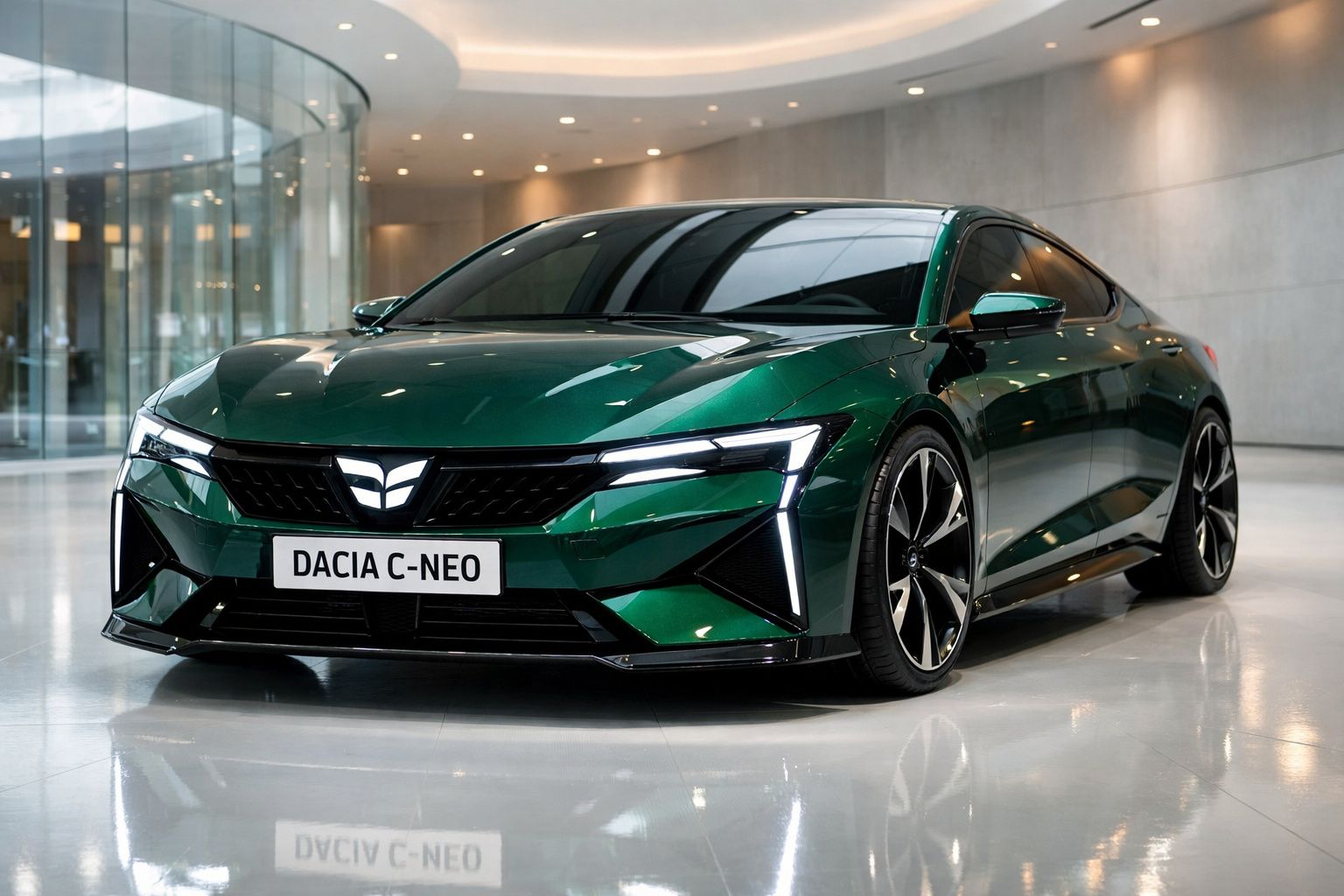 Carro elétrico verde Dacia C-Neo estacionado em ambiente interior moderno, com alinhamento angular e rodas desportivas.