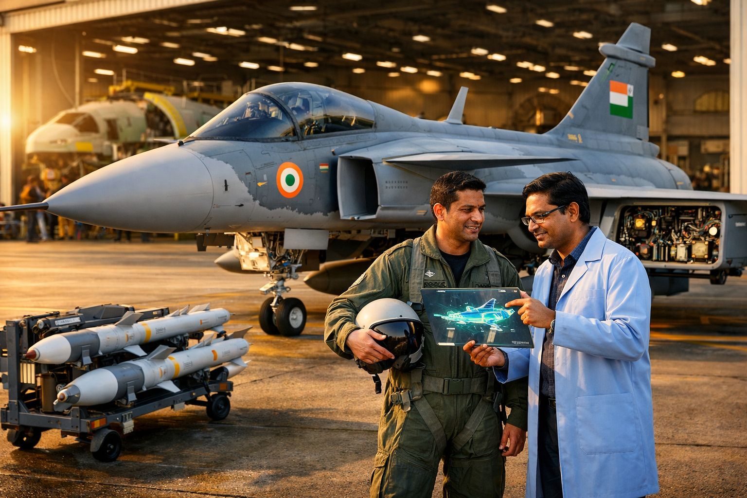 Dois homens, um piloto e um técnico, junto a um caça militar indiano numa base aérea ao pôr do sol.