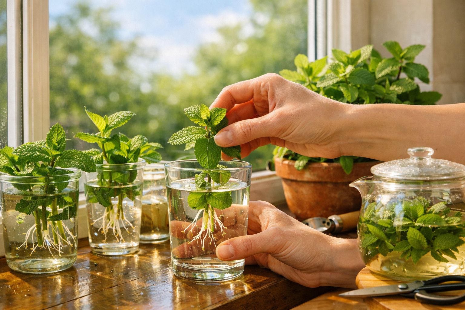 Mãos a plantar rebentos de hortelã em copos com água junto a uma janela com luz natural.