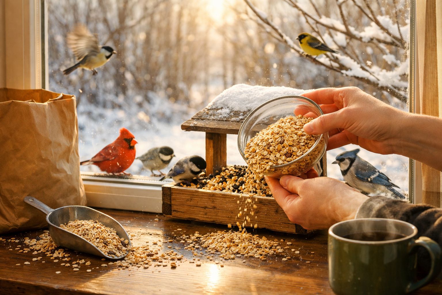 Mãos a alimentar pássaros com sementes numa mesa junto a uma janela com neve e várias aves coloridas.