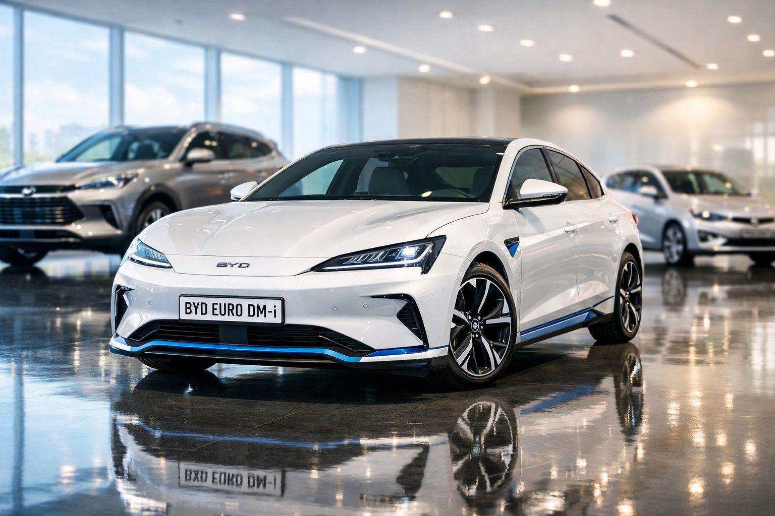 Carro elétrico branco BYD EURO DM-i estacionado numa sala de exposição com outros veículos ao fundo.