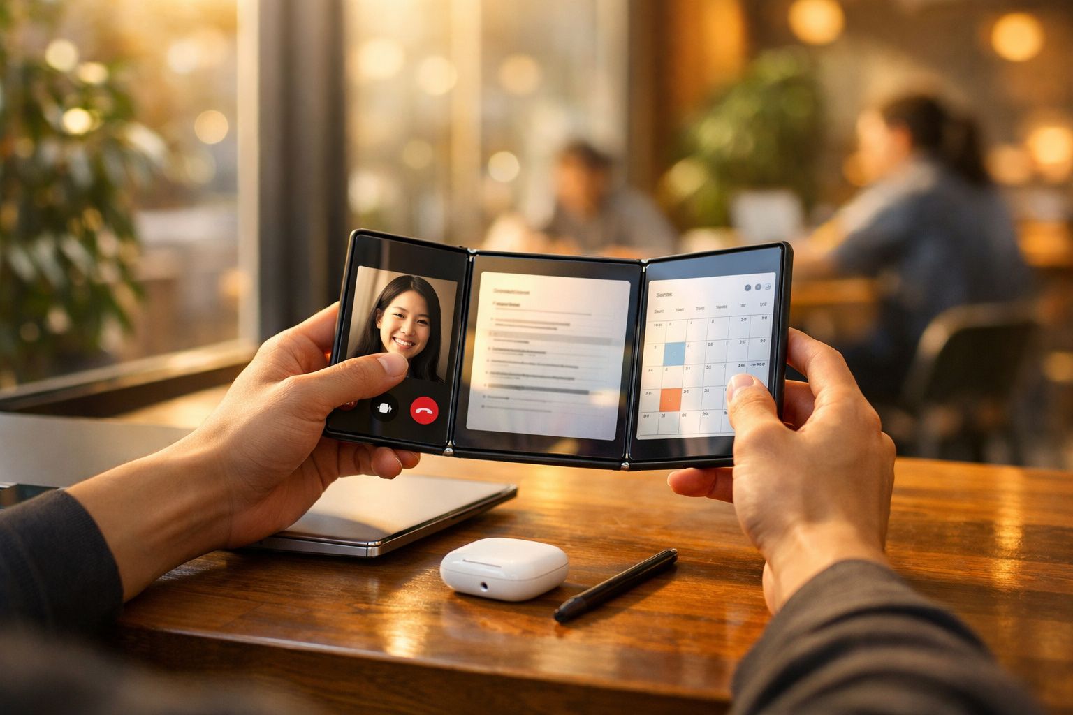 Pessoa a usar telefone dobrável com videochamada, texto e calendário numa mesa de madeira.