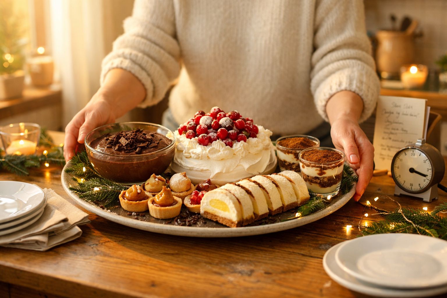 Pessoa a servir travessa com sobremesas variadas, incluindo bolo com frutos vermelhos e mousse de chocolate.