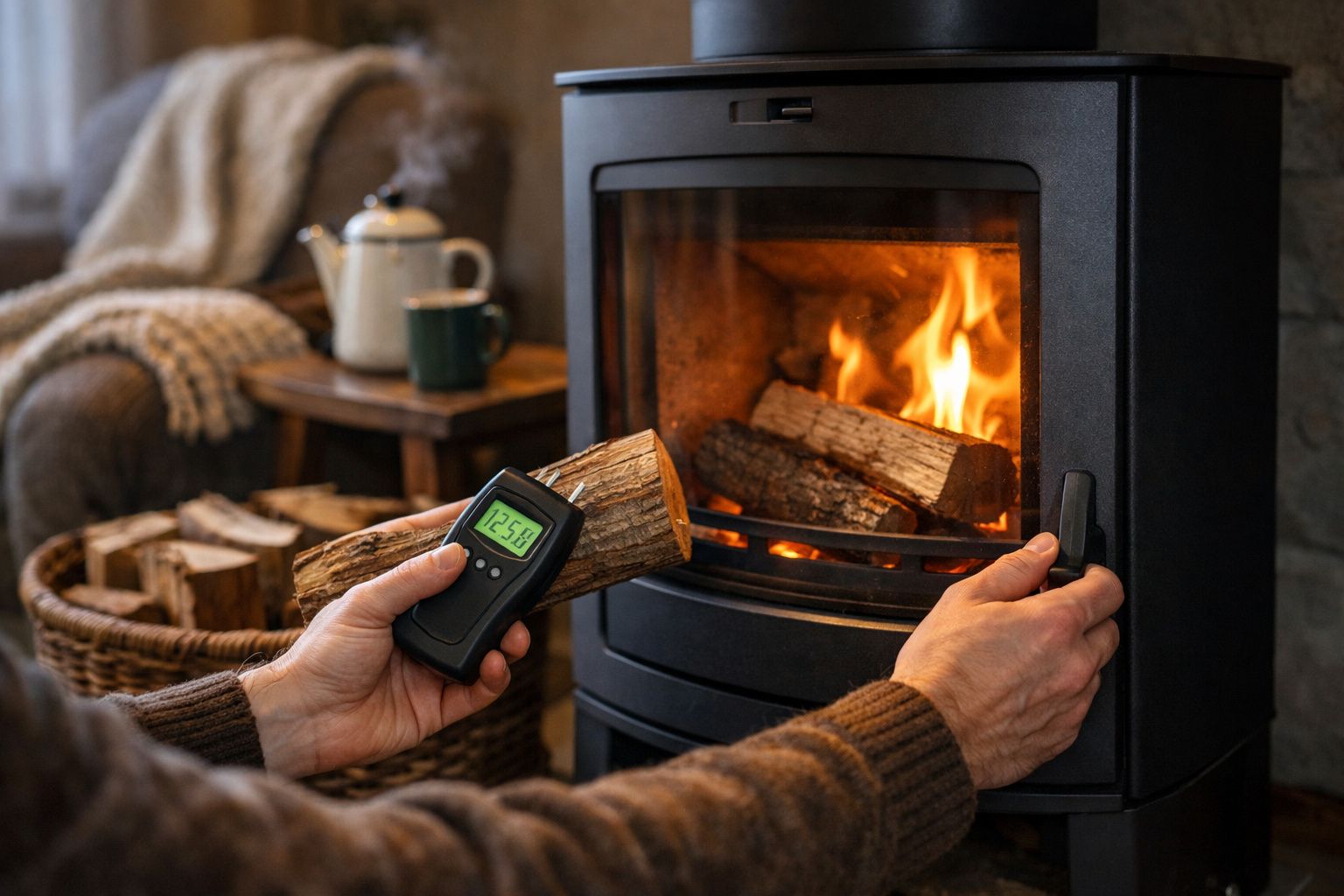 Pessoa a acender uma lareira a lenha numa sala acolhedora com chá quente numa mesa ao fundo.
