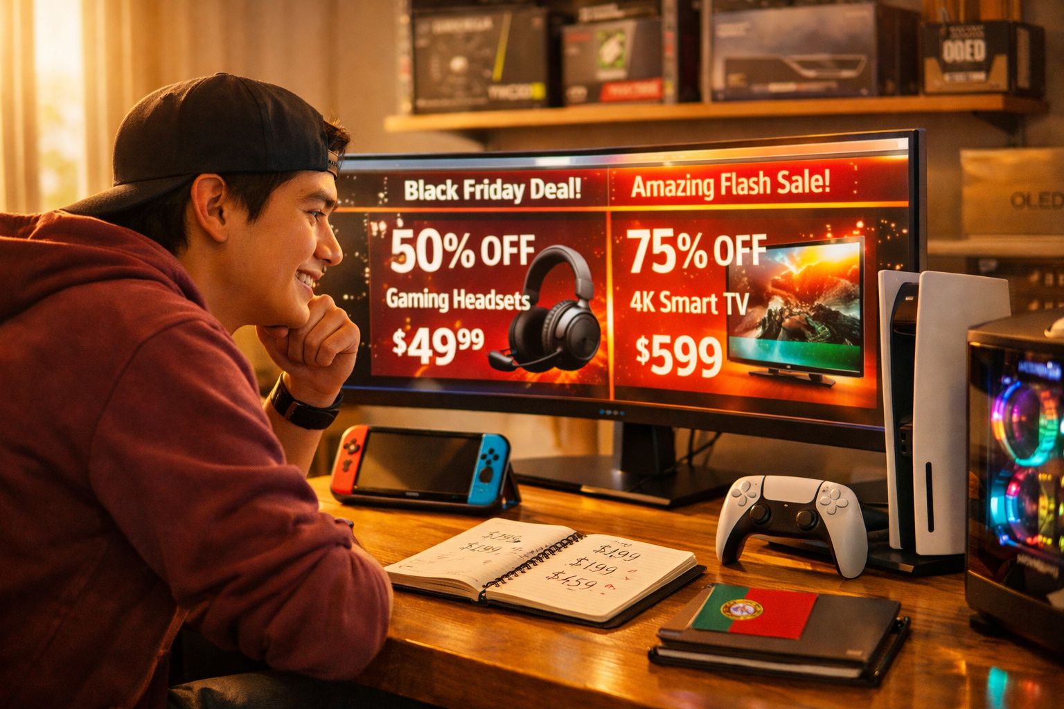 Jovem a olhar para monitor com promoções de Black Friday em auscultadores e TV 4K, consola e acessórios na secretária.