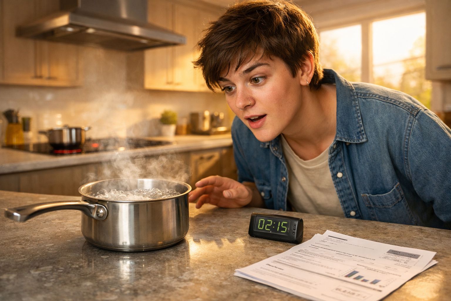 Pessoa jovem a observar atentamente uma panela a ferver numa cozinha moderna iluminada pelo sol.