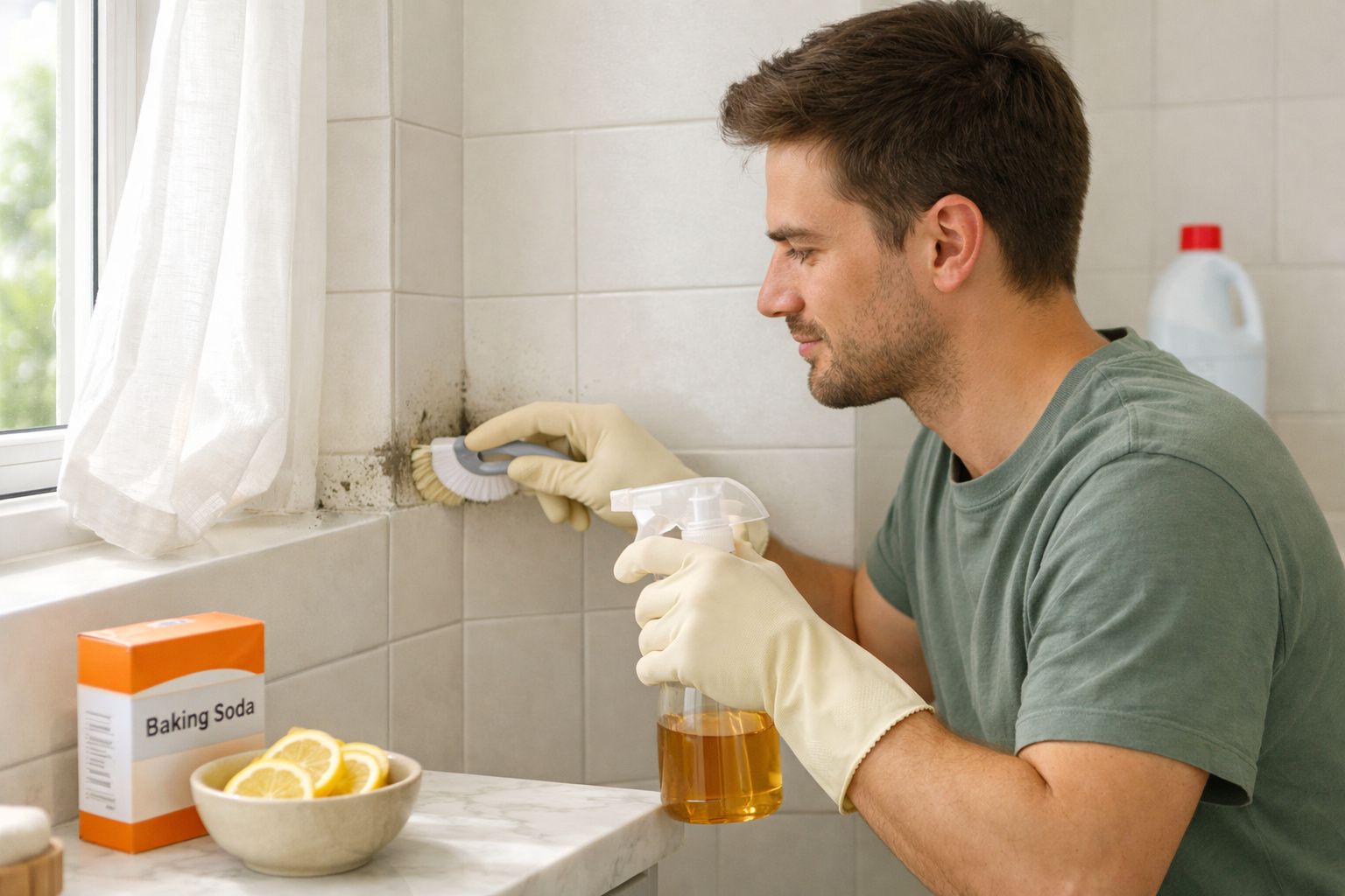 Homem a limpar bolor num canto de parede com escova e spray, usando luvas de borracha.