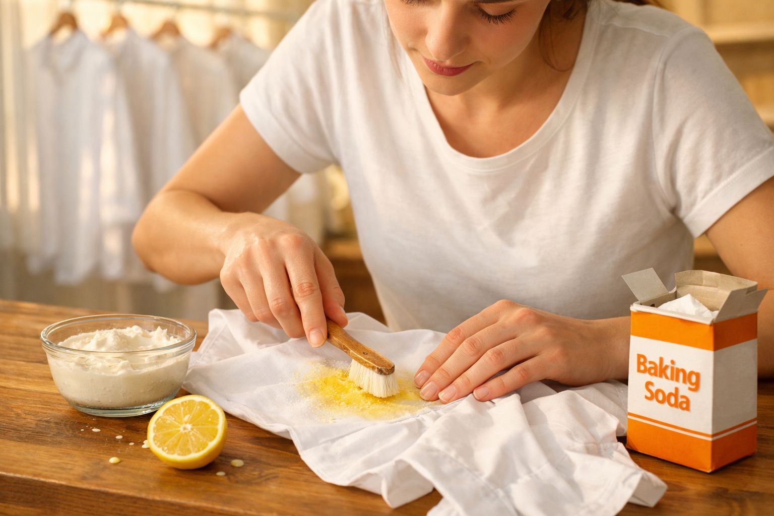 Pessoa a limpar nódoa amarela numa t-shirt branca com escova, bicarbonato de sódio e limão.