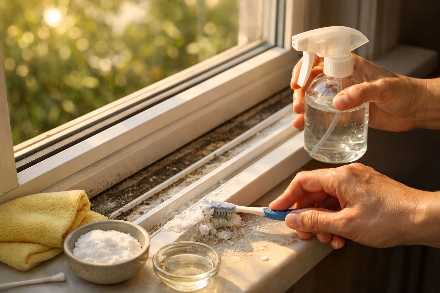 Mãos a limpar o caixilho da janela com escova, spray de limpeza e produtos em recipientes pequenos.