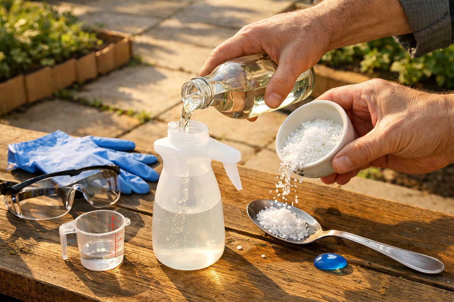 Mãos a preparar solução com água e sal grosso numa mesa com equipamentos de proteção e medição.