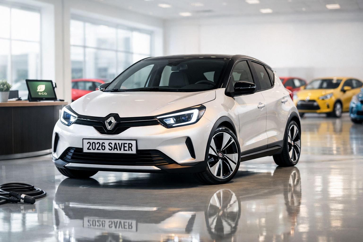 Carro elétrico branco Renault 2026 Saver estacionado em showroom com carregador ao lado.
