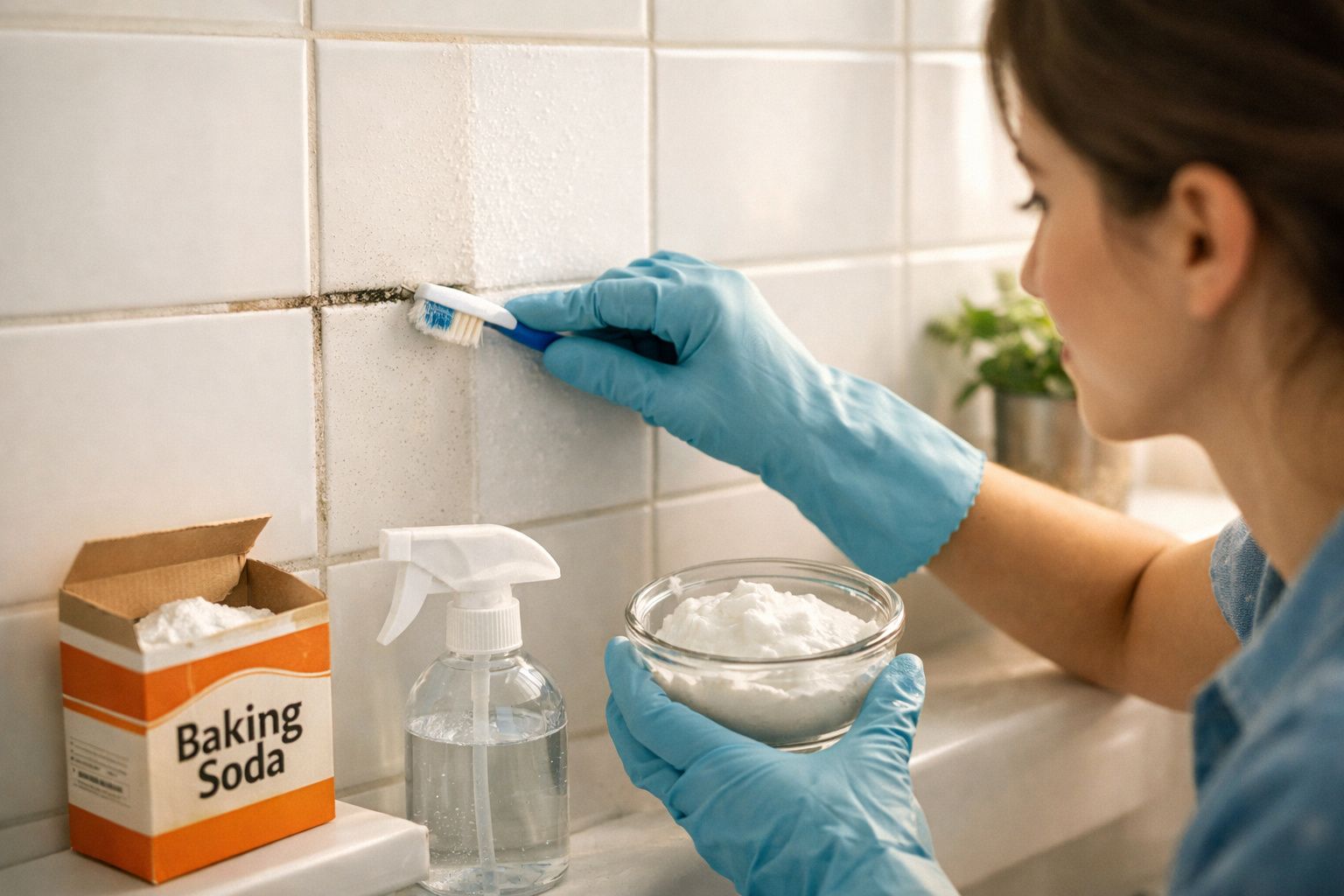 Pessoa de luvas azuis a limpar juntas de azulejos com escova e bicarbonato de sódio.