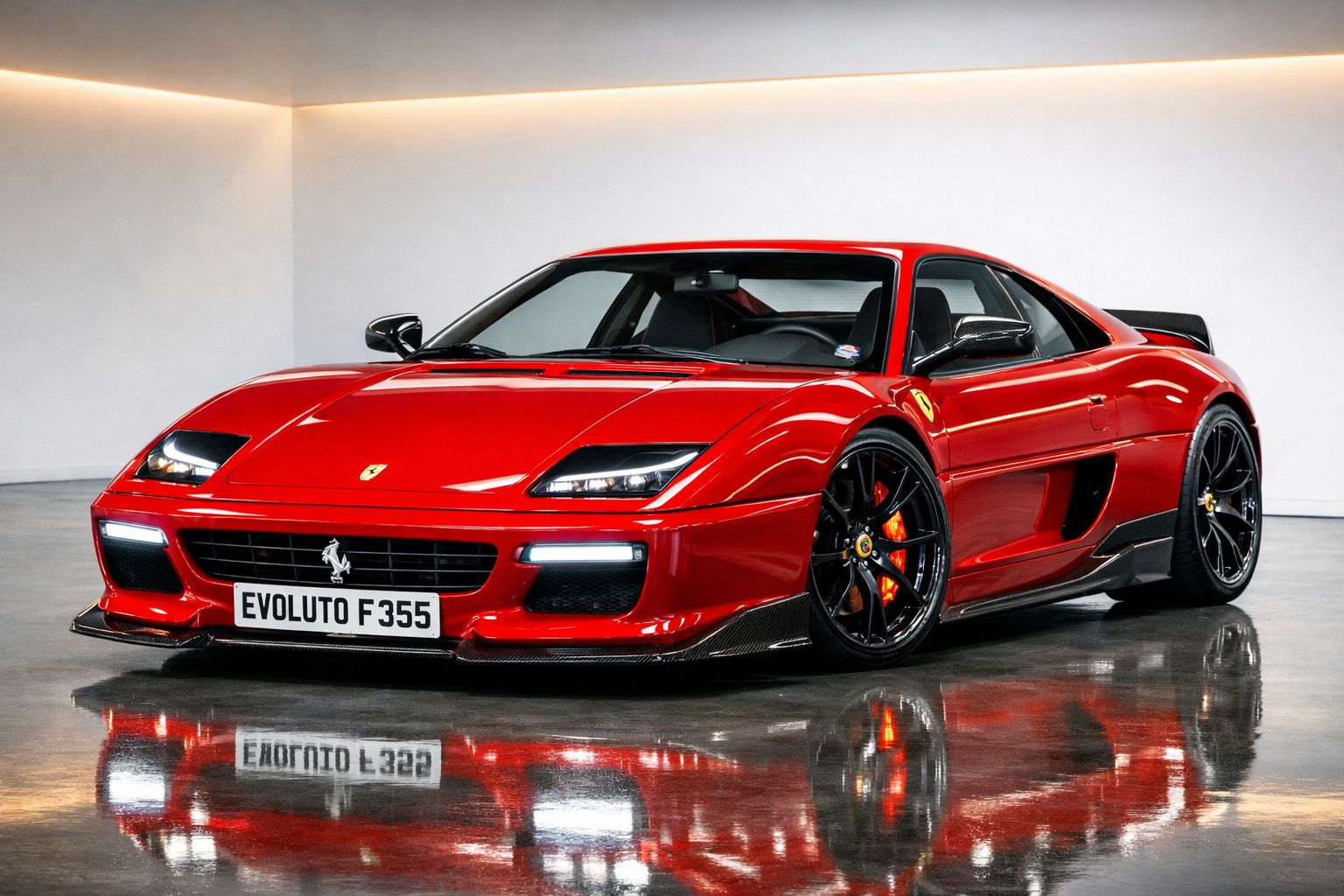 Ferrari Evoluto F355 vermelho brilhante estacionado em piso reflexivo interior.