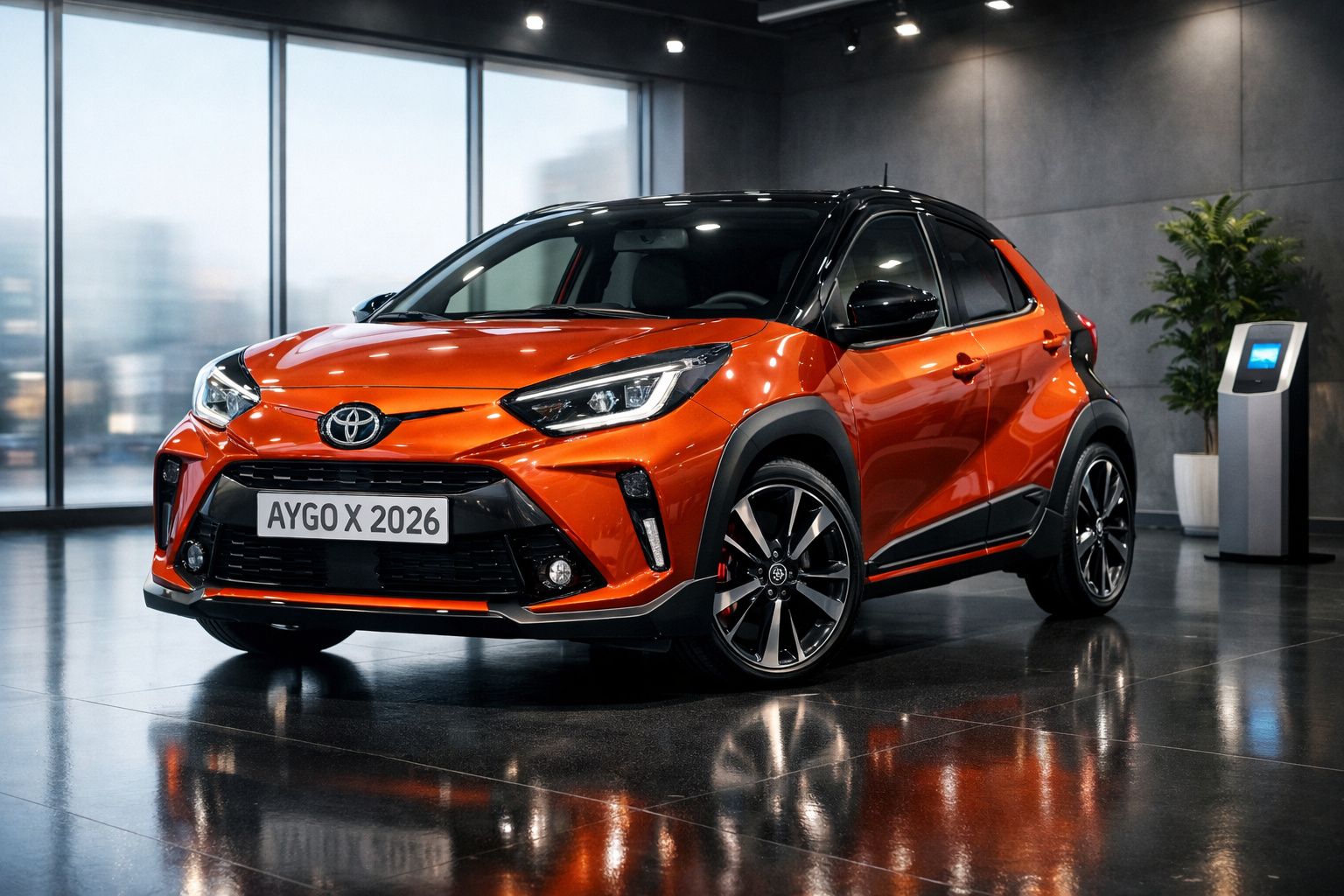 Toyota Aygo X 2026 laranja e preto estacionado em ambiente moderno com janelas grandes.