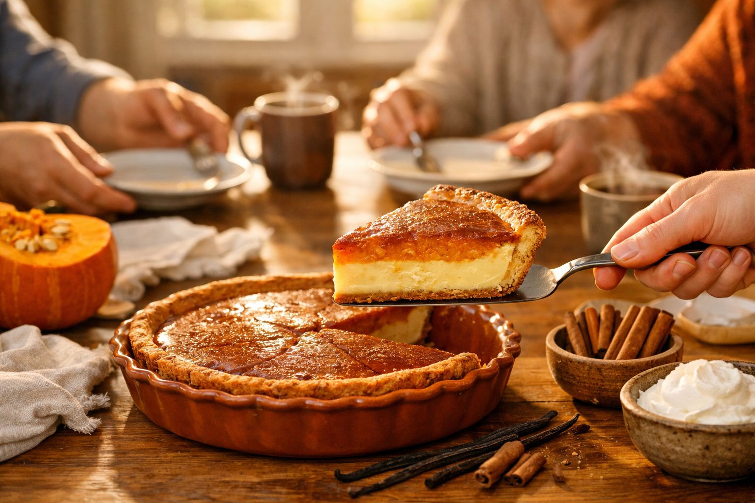 Tarte de abóbora com crosta dourada a ser servida numa mesa com canela e natas, pessoas de fundo.